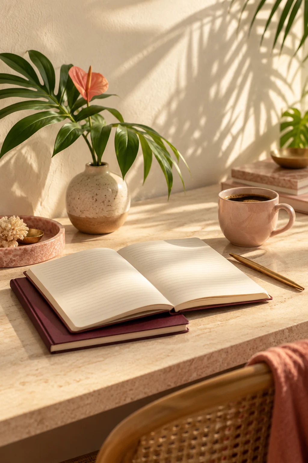 A sunlit desk with an open notebook, a gold pen, and a cup of coffee